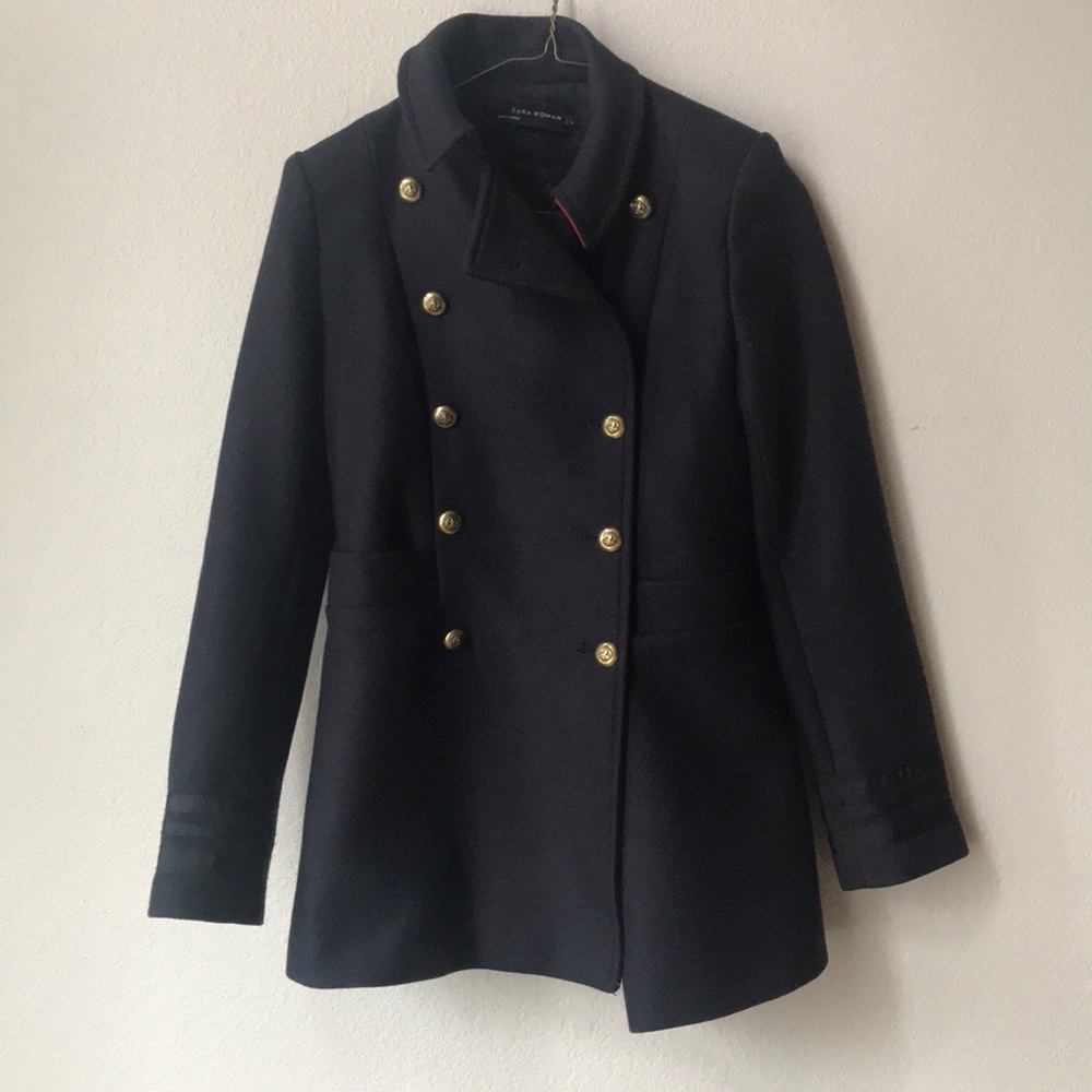 Zara Navy Double-Breasted Pea Coat with Gold Buttons